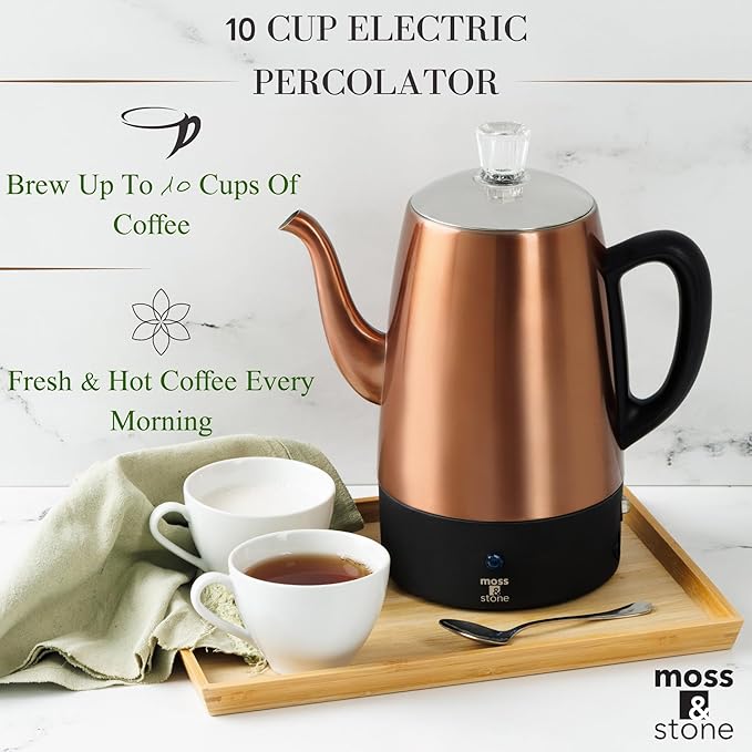 Moss & Stone 10 Cup Copper Percolator Coffee Pot Electric, Stainless Steel Coffee Percolator Electric With Keep Warm Function, Classic Perculator Pot With Removable Basket for Home or Office