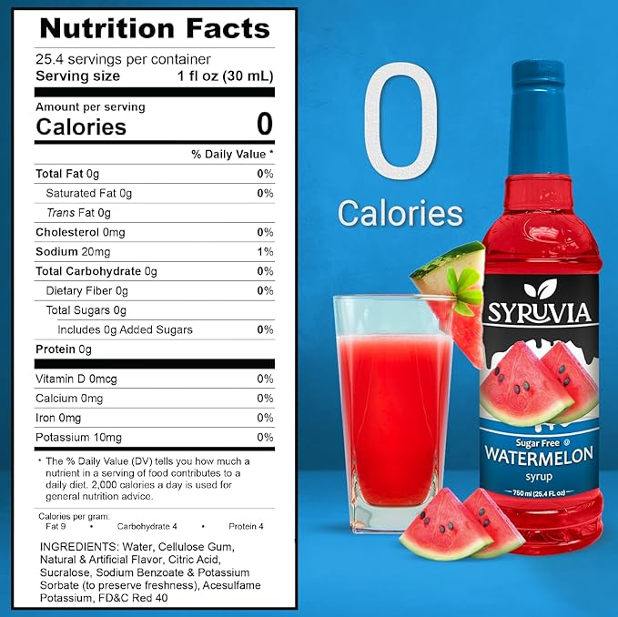 Syruvia Sugar-Free Watermelon Syrup, Flavored Syrup for Drinks, Cocktails, Lemonades, Iced Teas, and Desserts – 25.4 fl oz, With Pump