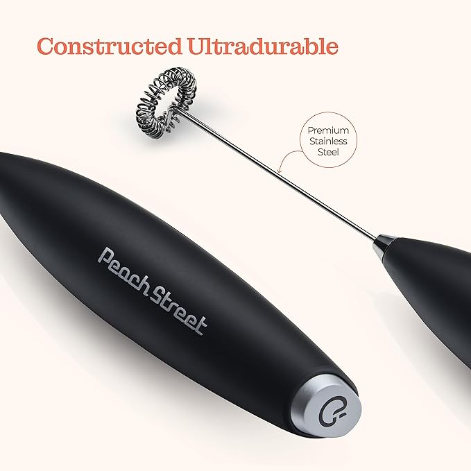 Powerful Handheld Milk Frother, Mini Milk Frother Wand, Battery Operated Stainless Steel Drink Mixer - Frother Stand for Milk Coffee, Lattes, Cappuccino, Frappe, Matcha, Hot Chocolate. Gift