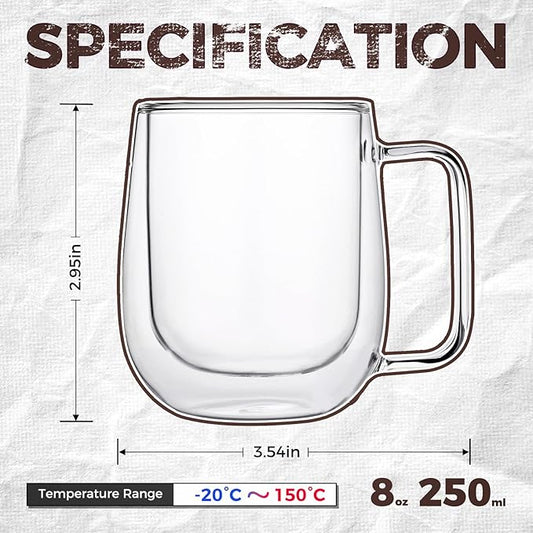 Glass Espresso Cups - Double Wall Insulated Coffee Mugs, Glass Coffee Mugs set of 2, Clear Tea Cups 8 oz, Perfect for Americano, Latte, Cappuccino, Espresso, Beverage and Tea