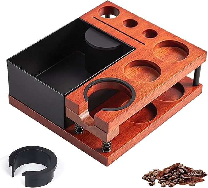 Espresso Tamping Station, Wood Knock Box with Self Leveling Spring Magnetic 51 to 58mm Portafilter Fit Tool Dock for Home Baristas, Coffee Shops