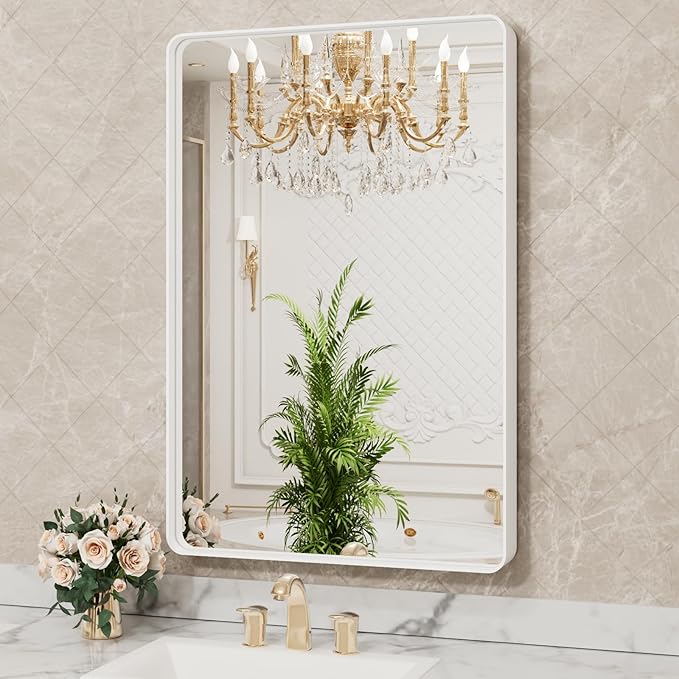 LOAAO 32x36 Inch White Metal Framed Bathroom Mirror for Wall, White Bathroom Vanity Mirror Farmhouse, Large Rounded Rectangle Mirror, Anti-Rust, Tempered Glass, Hangs Horizontally or Vertically