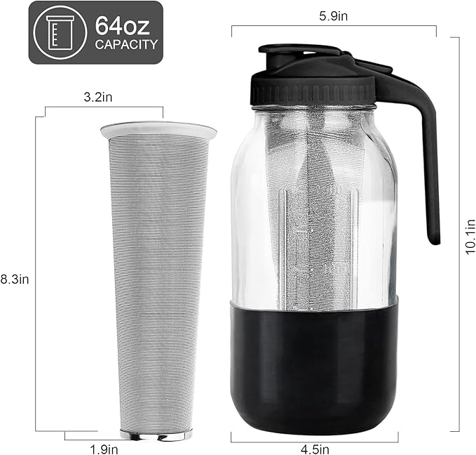 Cold Brew Coffee Maker, 64oz Mason Jar Pitcher with Stainless Steel Filter, Leak-Proof Lid with Pour Spout & Handle, Heavy Duty Glass Iced Coffee Tea Brewer with Protective Silicone Sleeve-Black