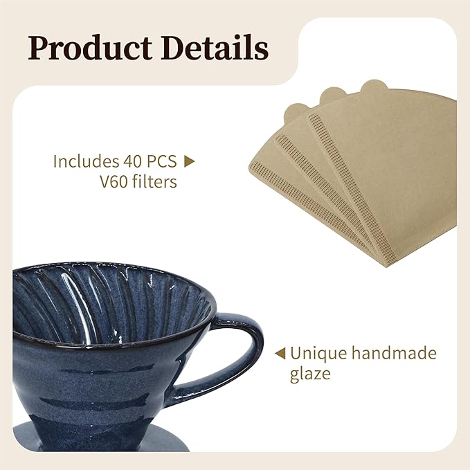 Vintage Ceramic Pour Over Coffee Maker with V60-Style Dripper and 40 Paper Filters (Blue)