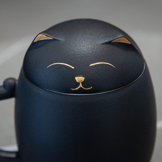 HEER Black Cat Tea Cup with Infuser and Lid, Cute Tea Mug with Strainer for Steeping Loose Leaf, Ceramic Teacup Birthday Christmas Cat Lover Gifts for Women, Men, Mom, Sisters, besties. (Black)