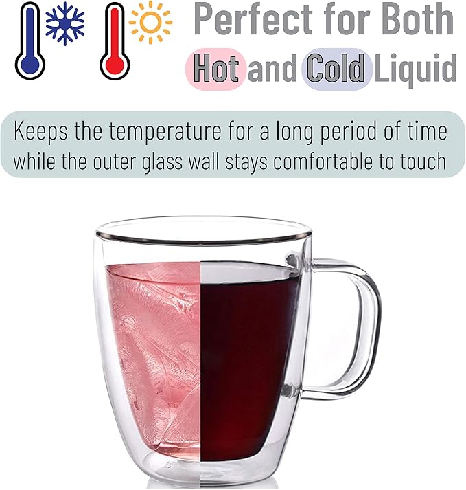 BTaT- Double Walled Glass Coffee Mugs, 12 oz, Set of 6, Glass Coffee Cups with Handle, Insulated Clear Coffee Mug for Hot and Cold Beverages, Cappuccino, Latte, Tea, Americano, Microwave Safe