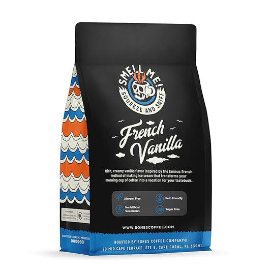 Bones Coffee Company French Vanilla, Creamy Vanilla Flavored Coffee, Medium Roast Low Acid Arabica Beans Compatible with Auto drip and French Press Coffee Maker, 12 Oz Ground