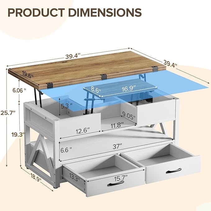 40" Lift Top Coffee Table,4 in 1 Multi-Function Lift Coffee Tables with Storage Drawers and Hidden Compartmen,Farmhouse Coffee Table with Lifting top for Living Room, White+Brown