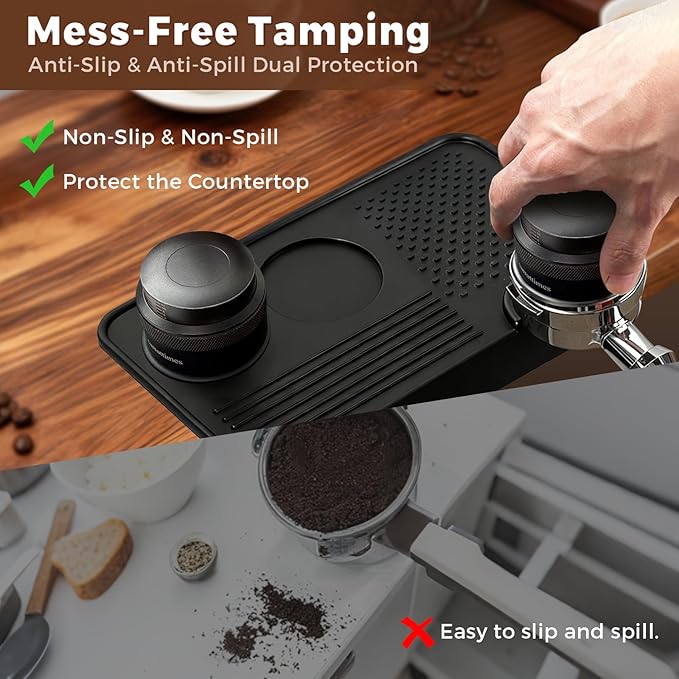 CARROTTIMES Espresso Tamper Mat, 10.43″×5.63″ Food Grade Silicone Coffee Tamping Mat for Barista, Espresso Machine, Multi-Slot Design for Portafilter&Accessories,7mm Thickened Pad for Counter