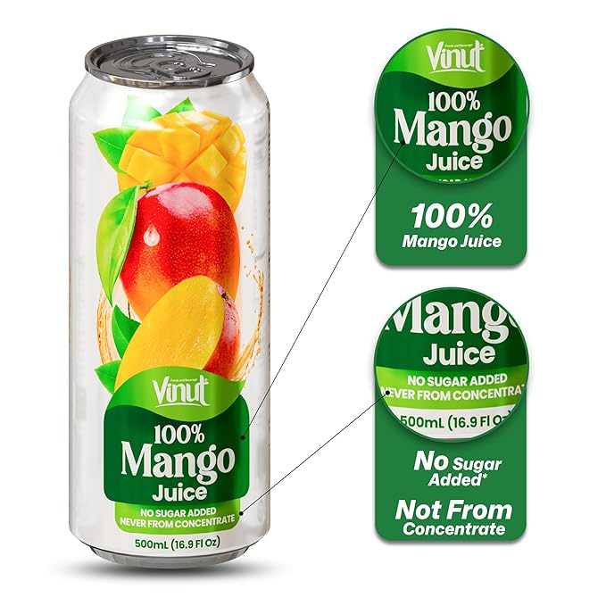 VINUT 100% Mango Juice, No Sugar Added, Never From Concentrate, 16.9 fl oz (500 mL) Can, Pack of 12
