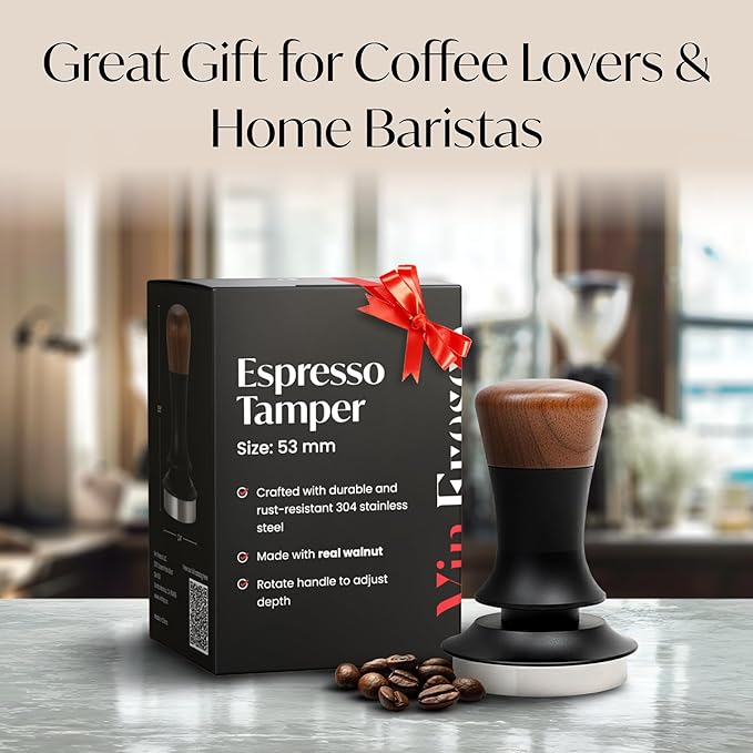 Espresso Tamper for 54mm Portafilter – Adjustable Depth Spring Loaded Tamper for Consistent Tamping – Barista Coffee Press Tool with Stainless Steel Base – Black & Walnut
