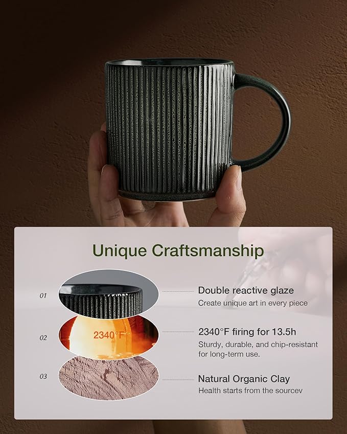 famiware Coffee Mug Set for 8, Star 12 oz Catering Mugs Cup Set with Handle for Coffee, Tea, Cocoa, Milk - Ceramic Stoneware Drinkware Set, Deep Forest