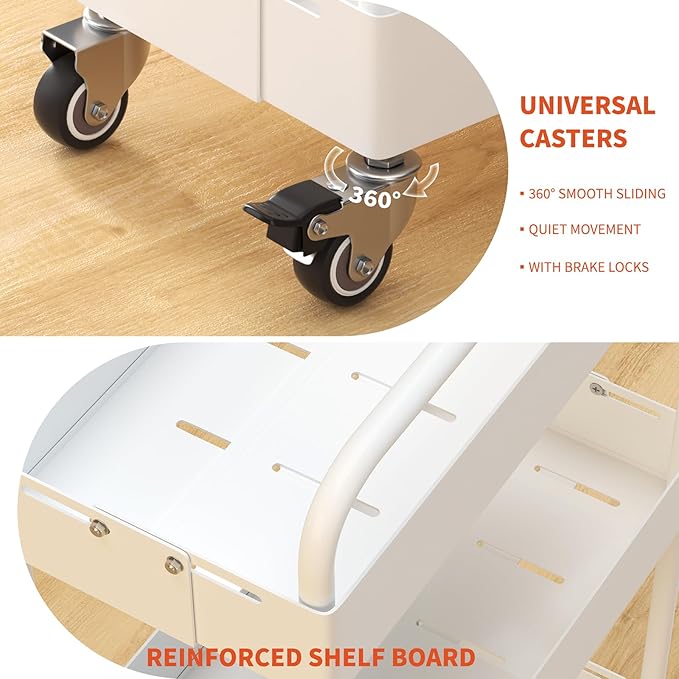 HOTEAGLE 3-Tier Rolling Cart Metal Expandable Utility Carts with Wheels, Ideal Storage Organizer for Livingroom, Bedroom, Kitchen and Bathroom, White