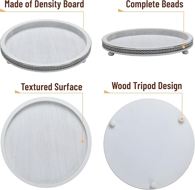 Bamboo Land- Round Decorative Trays for Coffee Table, 12", Light Gray, Wood Tripod & Beaded Design, Wooden Round Tray for Coffee Table