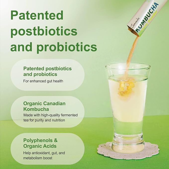 Jemutecha Green Kombucha Tea Powder, Organic, Low Sugar, Live Probiotics & Postbiotics, Antioxidant, Gluten Free, Healthy Drink Supports Gut Health, 10 Sticks, 1.76oz