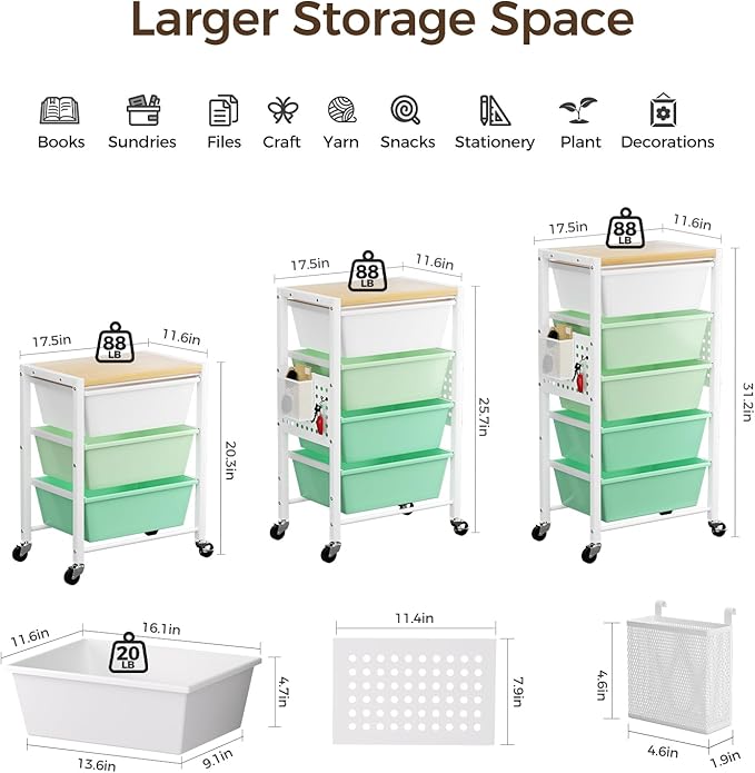 Rolling Cart with 5 Drawers, Plastic Drawer Storage Carts with Wheels & Wooden Tabletop, Metal Utility Cart with Pegboards, Office Living Room Classroom Craft Organization and Storage, Bright Green