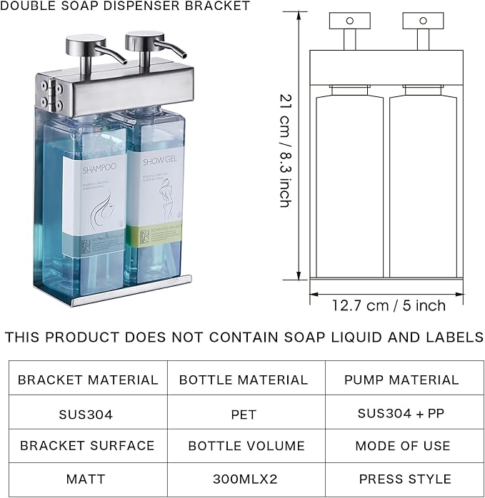 Shampoo, Conditioner, Body Wash Dispenser 2 Compartment Refillable Pump Bottle, Bathroom Wall Mounted Soap Dispenser Empty Bottle Dispenser Set (2 Compartments)