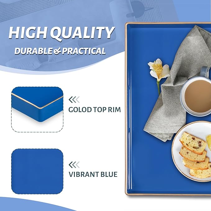 MAONAME Decorative Tray, Royal Blue Serving Tray with Handles, Coffee Table Trays, Square Plastic Trays for Ottoman, Bathroom, Kitchen, 13" x 13" x 1.57"