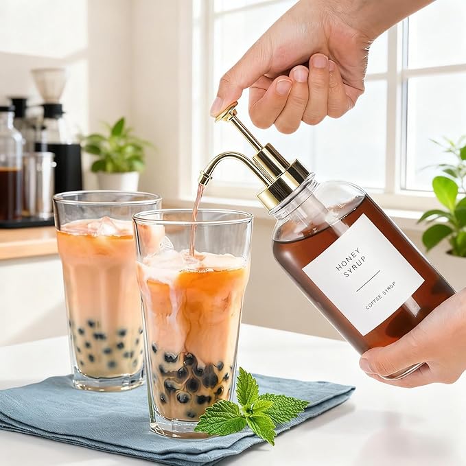 2 Pack Coffee Syrup Dispenser, 16.9 oz 500 ml Coffee Pump Dispenser, Glass Syrup Bottle with 36 Labels and Golden Pumps, Soap Dispenser for Coffee Bar Accessories, Caramel