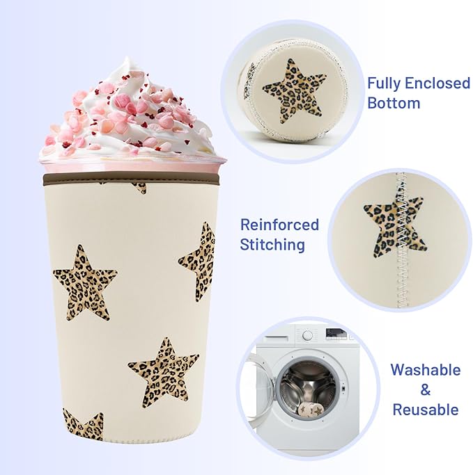 Iced Coffee Sleeve Reusable Cup Sleeves for Cold Drinks Neoprene Koozie Cozy Plastic Cup Covers for Drinks, Stars Leopard