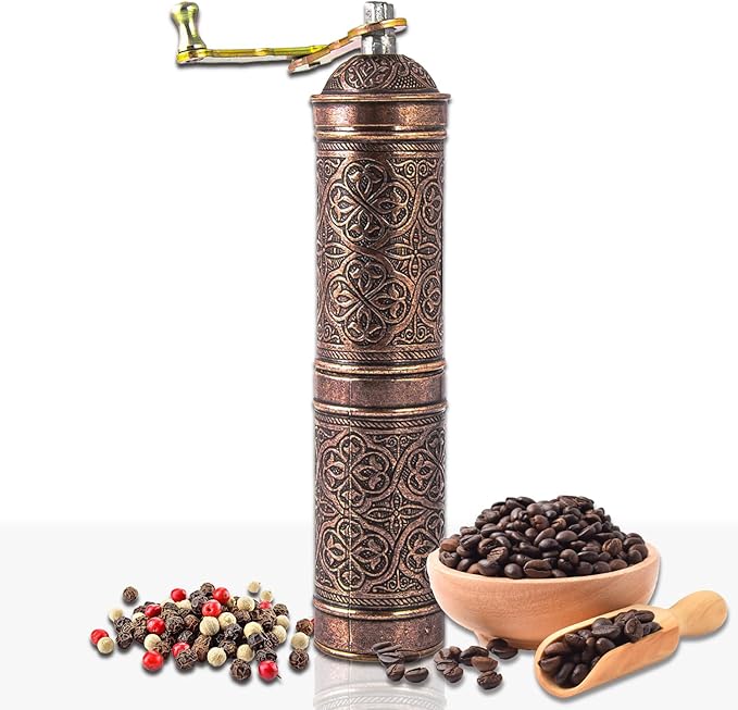 Handmade Turkish Pepper & Coffee Grinder, Refillable Turkish Spice Mill with Adjustable Coarseness, Manual Coffee Mill with Handle, Coffee Grinder Metal with Hand Crank 22 cm-8.66 inch (Bronz)