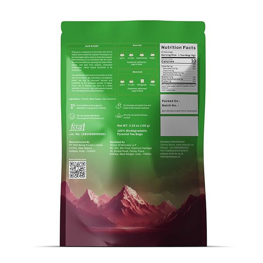 Nepaya Tulsi & Turmeric Herbal Tea – 50 Pyramid Tea Bags, Holy Basil with Cinnamon & Black Pepper, Biodegradable, Caffeine-Free, Himalayan Blend