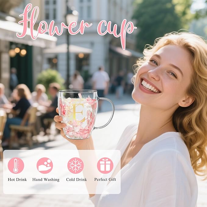 Personalized Gift for Women Double Wall Glass Flower Coffee Mug Tea cup Monogrammed Customized Birthday Valentine Mother's Day Christmas Gifts for Women Mom Wife Friends Sister Stocking Stuffers (E)