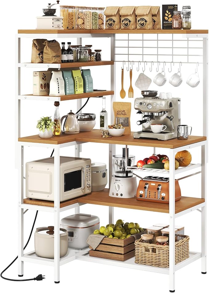 iabifo L-Shaped White Bakers Rack with Power Outlet, Kitchen Storage Rack with Hooks, Wire Shelf with Open Storage, Mesh Grid, Wire Basket