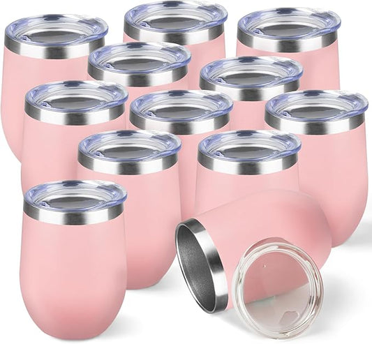 StarSpeed 12oz/12 Pack Wine Tumbler with lid, Stainless Steel Travel Mugs Stemless Double Wall Insulated Coffee Cup, Insulated Wine Glasses Travel Tumbler for Cold & Hot Drinks(Light Pink, 12)