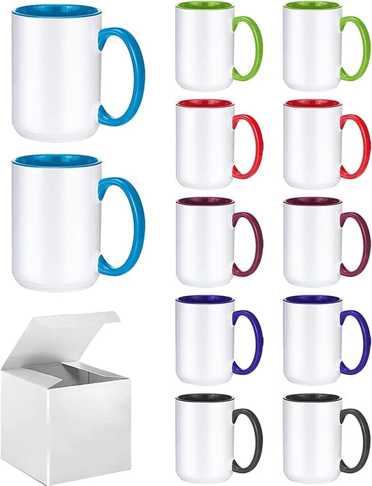 Sublimation Mugs, 15oz, 6 Assorted Colors 12Pack