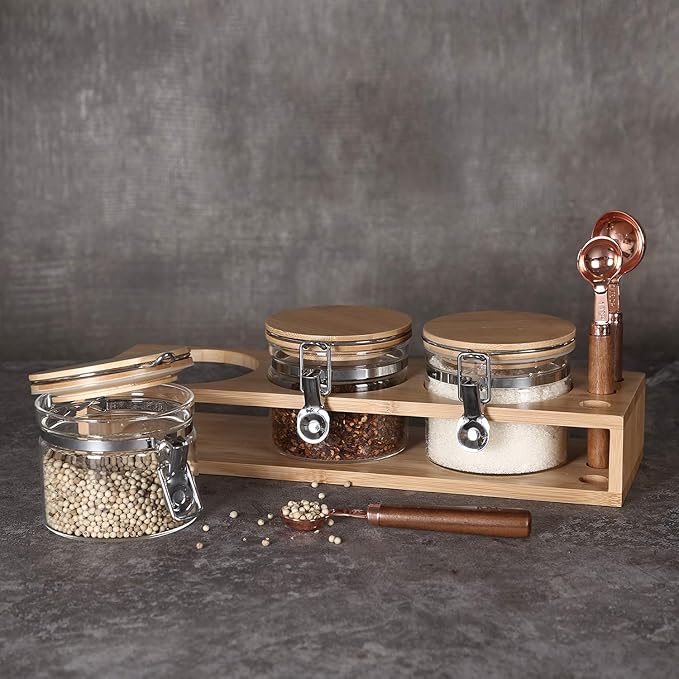Glass Coffee Canister Set of 3 with Spoons & Airtight Bamboo Lids, 15oz - Modern Coffee Bar Accessories for Ground Coffee & Sugar, Ideal Coffee Station Organizer Jars for Countertop