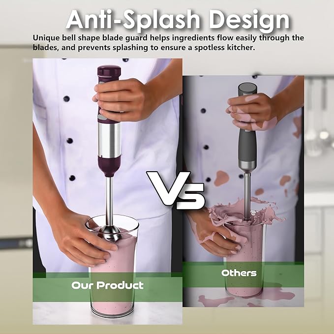 Cordless Immersion Hand Blender, 5-in-1 Variable Speed blender handheld,Rechargeable with 2000mAh Battery, BPA-Free & Dishwasher-Safe Accessories:700ml Beaker,Chopper,Whisk & Milk Frother,Plum