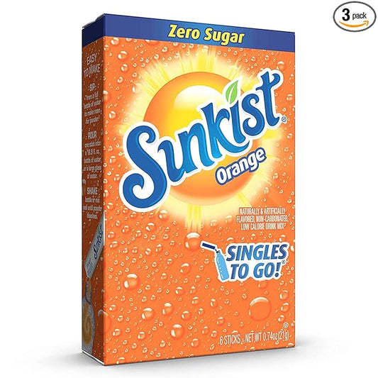 SINGLES TO GO! Sunkist Singles To Go Drink Mix Orange, 3 Boxes with 6 Packets Each -18 Total Servings