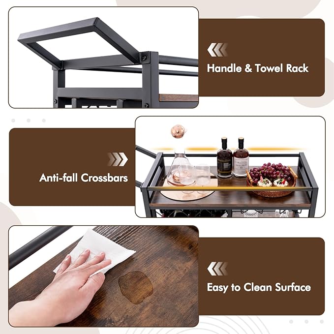 Giantex Bar Cart, 3 Tier Serving Cart for Home, 8 Wine Bottles Rack, Glass Holder, Industrial Mobile Kitchen Cart with Lockable Wheels and Handle, Storage Shelves for Drink Beverage