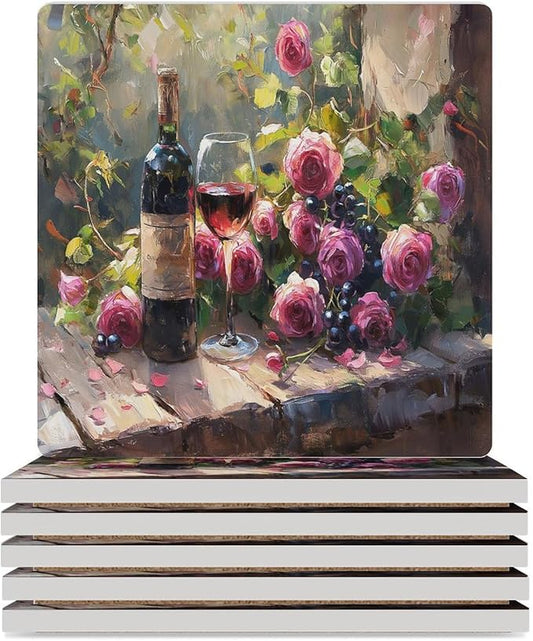 Red Wine Drink Coasters, Square Ceramic Drink Coaster Square-6PCS, Oil Painting Style Vintage Red Wine Flower Grapes Rose Floral Decor Absorbent Ceramic Coasters for Beverage Cup, Bar, Coffee Table