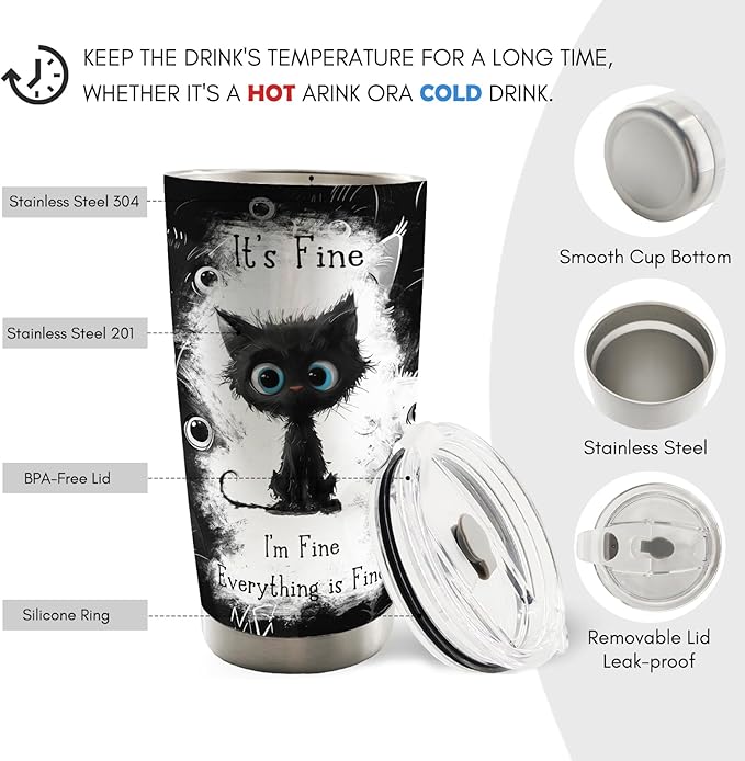 Cat Gifts for Cat Lovers, Funny Black Cats 20oz Travel Coffee Mug Tumbler, Im Fine Everythings Fine Stainless Steel Tumbler with Lid and Straw