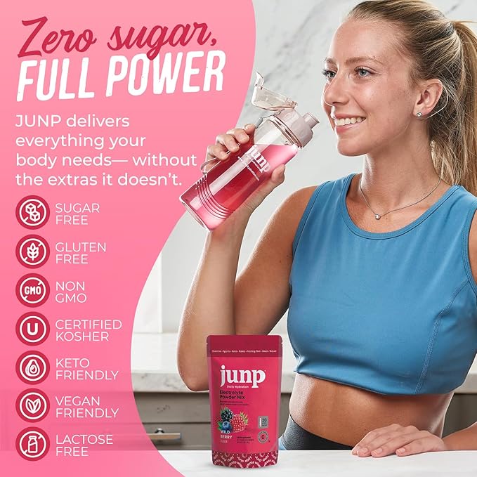 JUNP Sugar Free Electrolytes Powder Packets for Water Instant Hydration Packets with Salt & Potassium, Zero Calorie, No Carbs No Sugar Electrolyte Drink Mix Sticks, Keto Friendly, Wild Berry 20 Pack