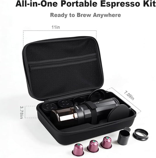 Portable Espresso Maker, Self-Heating Travel Espresso Machine, USB-C Rechargeable, for Ground Coffee & NS Capsules