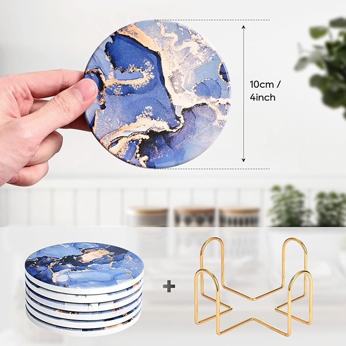 CoColemon Navy Blue Absorbent Coasters Set of 6, Marble Abstract Coaster with Holder, Home Coffee Table Décor for Women, Cute Cork Coasters for Drinks