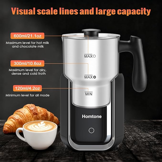 Homtone Upgrade 5-in-1 Milk Frother Electric Milk Frother, 21 oz Induction Milk Frother, 120V Removable Stainless Steel Automatic Milk Steamer for Latte, Hot Chocolate, Hot & Cold Foam