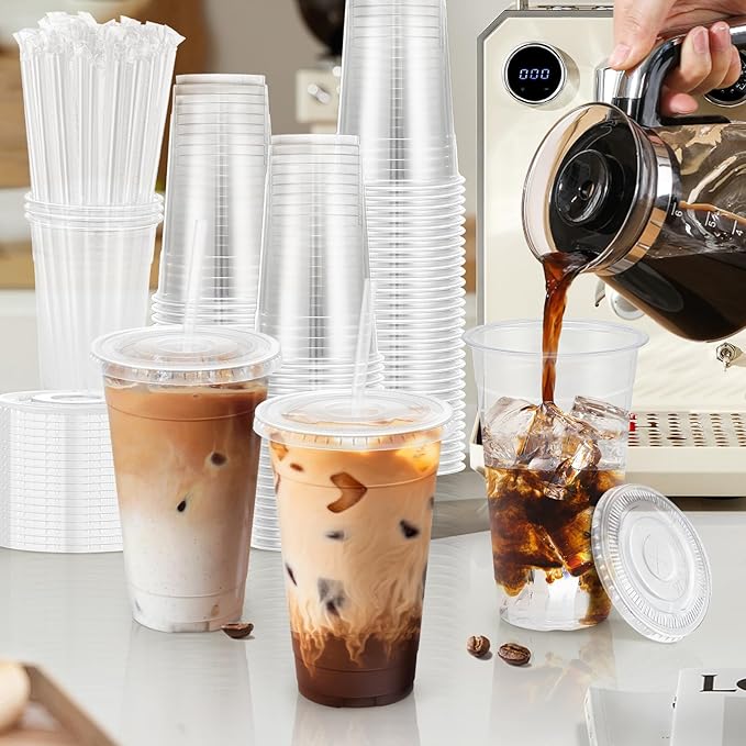 Clawsoff 24 oz 100 Pack Plastic Cups with Lids and Straws, Sturdy Food Safe Iced Clear Coffee Cups Disposable Smoothie Cups for Cold Drinks