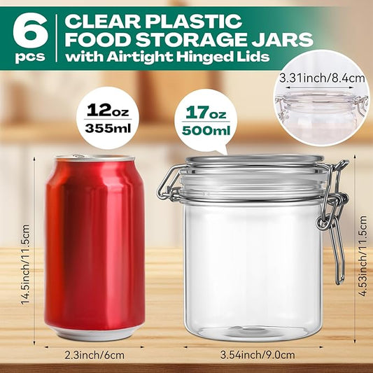 Suclain 6 Pcs 17 Oz/500ml Plastic Storage Jars with Airtight Hinged Lids, Clear Wide Round Mouth Food Storage Containers Empty Bottles Sealed Jars for Home Kitchen Candy Herbs Spices Coffee Nuts