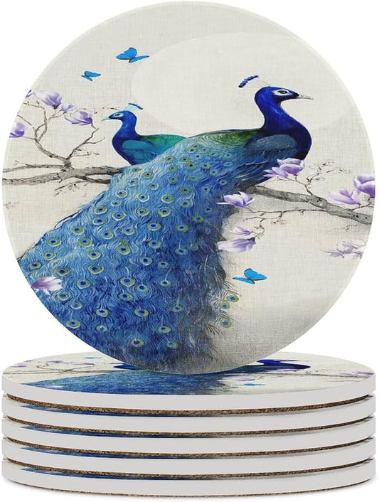 Peacock Drink Coasters, Round Ceramic Drink Coaster Round-6PCS, Vintage Style Beautiful Blue Peacock Floral Decor Absorbent Ceramic Coasters for Beverage Cup, Bar, Coffee Table