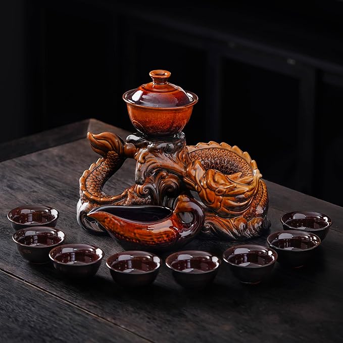 Semi Automatic Tea Set Ceramic Teapot with Infuser Magic Teapot with 8 cups (Yellow Dragon-D)