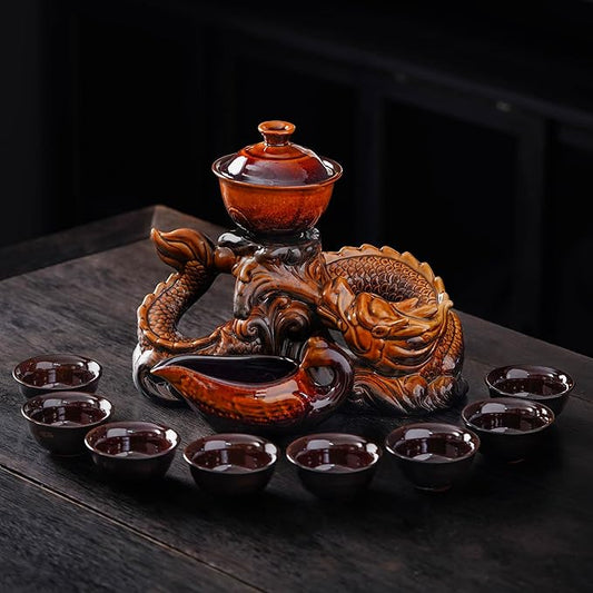 Semi Automatic Tea Set Ceramic Teapot with Infuser Magic Teapot with 8 cups (Yellow Dragon-D)