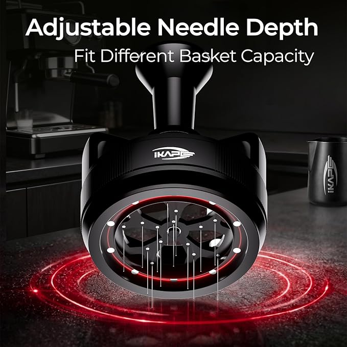 IKAPE 58MM WDT Tool for Espresso, 0.25mm 14 Needles Distribution Tool with One-Press Auto Rotation & Adjustable Depth, 10 Magnetic Base, Espresso Stirrer