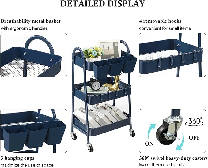 danpinera 3-Tier Rolling Cart, Utility Cart Mobile Metal Rolling Storage Cart with Lockable Wheels & Hanging Cups & Hooks for Kitchen, Bathroom, Office, Workshop, Dark Blue