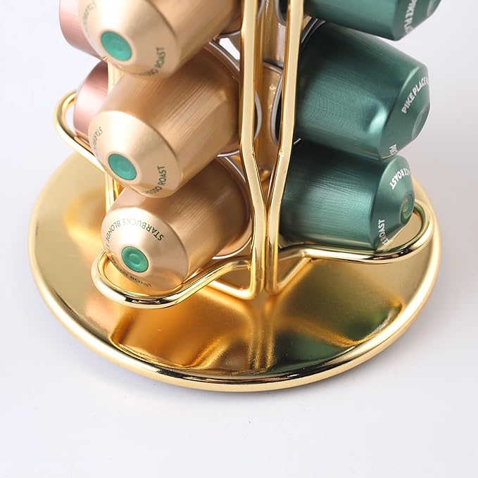 SEVENLINE Coffee Pod Holder Stand Compatible With Nespresso Original Pods Carousel Storage Rack Capsules Organizer For 40 Capsules (Gold)