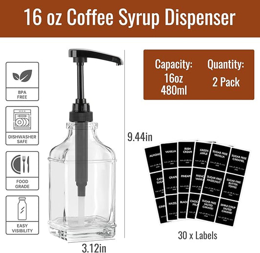 STARSIDE 16 oz Coffee Syrup Dispenser,2 pcs Clear Glass Syrup Bottle with 1/4oz Capacity Pump,Syrup Dispenser for Coffee Bar with Plastic Pump and Syrup Labels