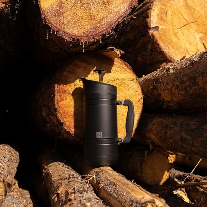 BruTrek BaseCamp Coffee Press - Double Wall Insulated Stainless Steel - Bru-Stop Technology, No Grounds in Coffee, No Spill Lid (Obsidian, 48 fl.oz)